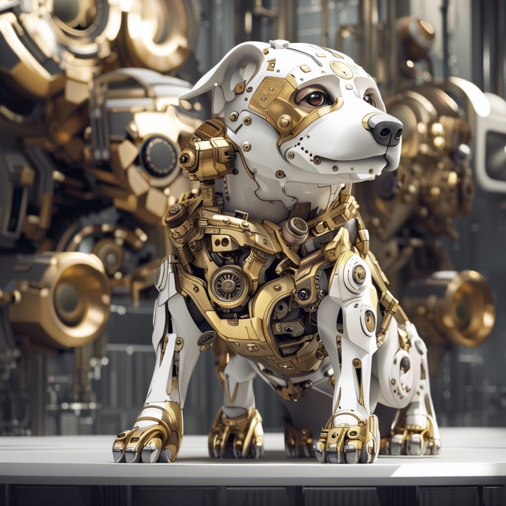 Hyperrealistic Gold and White Futuristic Robot Dog