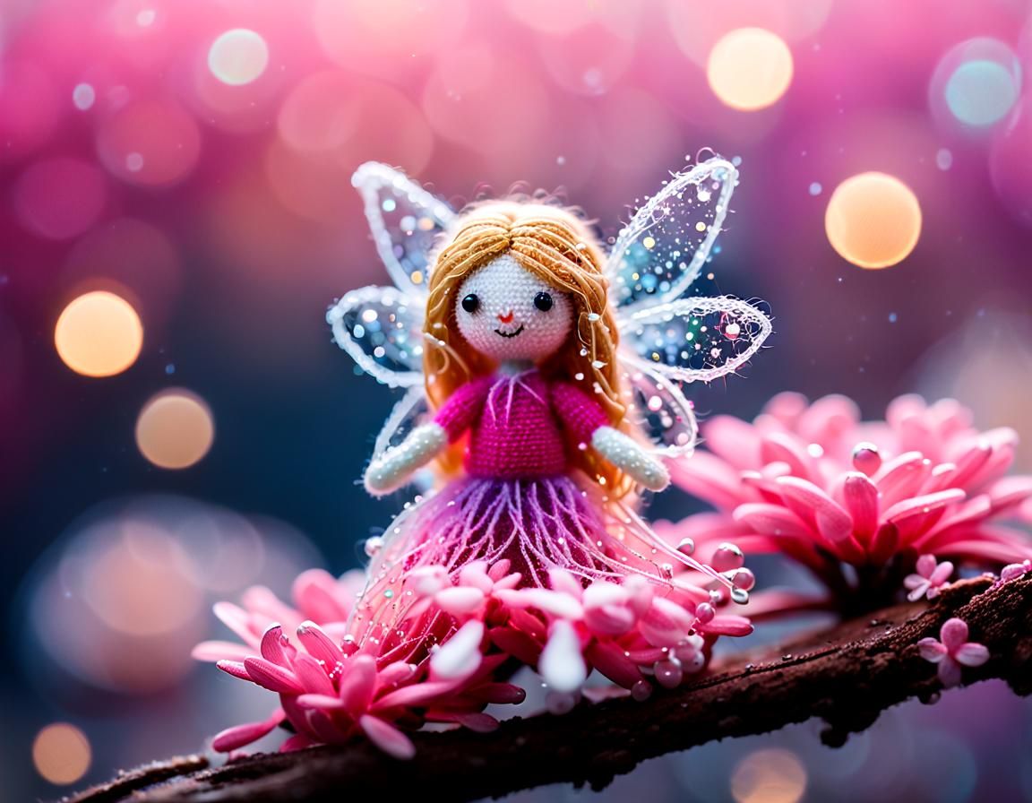 Knitted Fairy on Bioluminescent Flower, Detailed Art