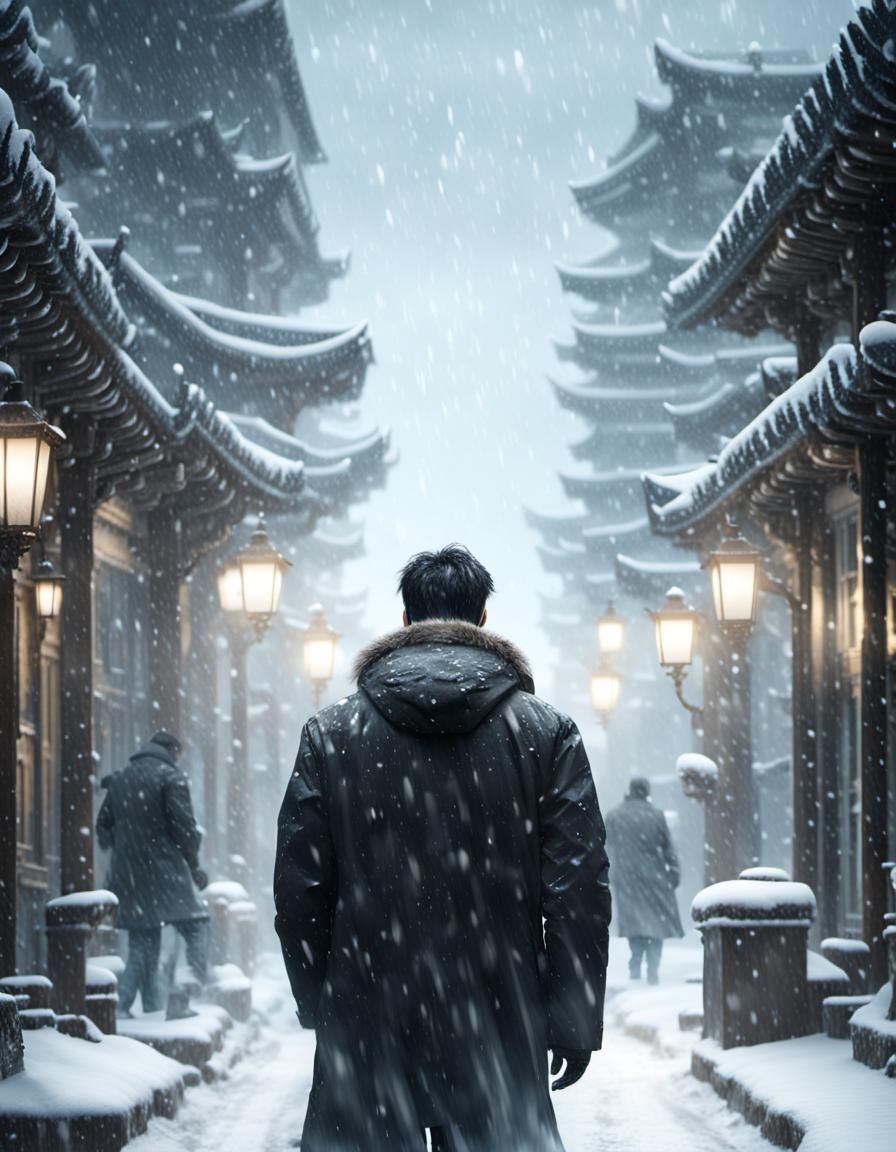 A young Korean man walking in a snowstorm unfazed in a black...