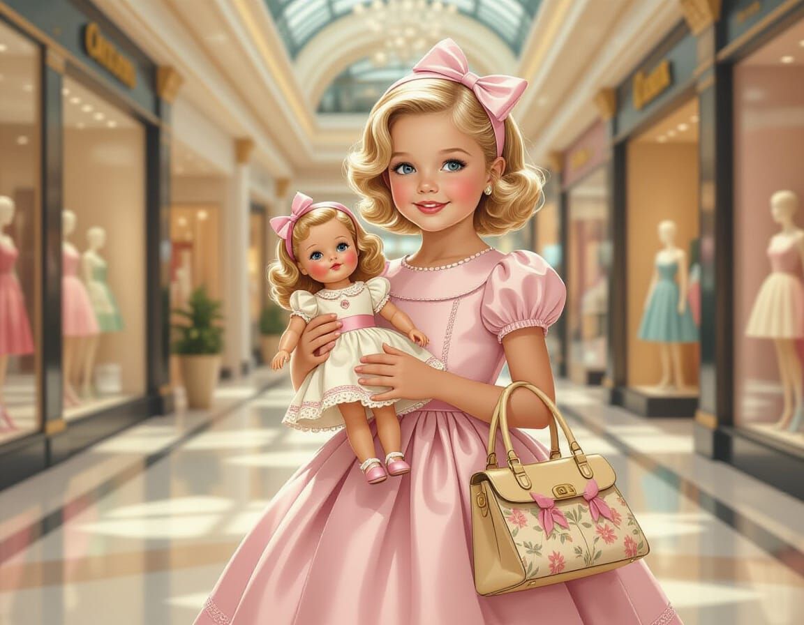Girl Shopping in Mall, Retro Nostalgic Art