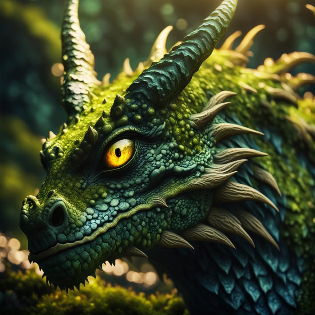 Mossy Dragon with Luminous Eye in Sunset