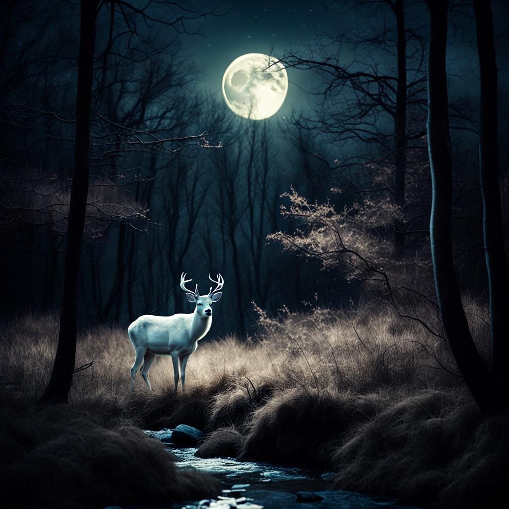 White Deer in Moonlit Forest: Cinematic Film Still