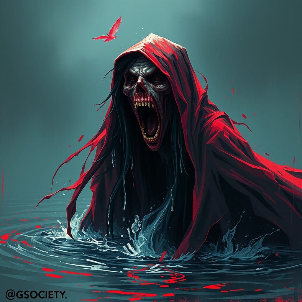 Twisted Banshee Emerges from Murky Lake in Cyberpunk Graffit...