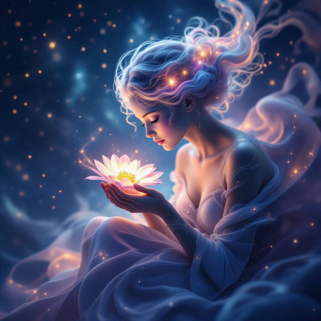 Cosmic Being Holding Luminous Flower in Stardust