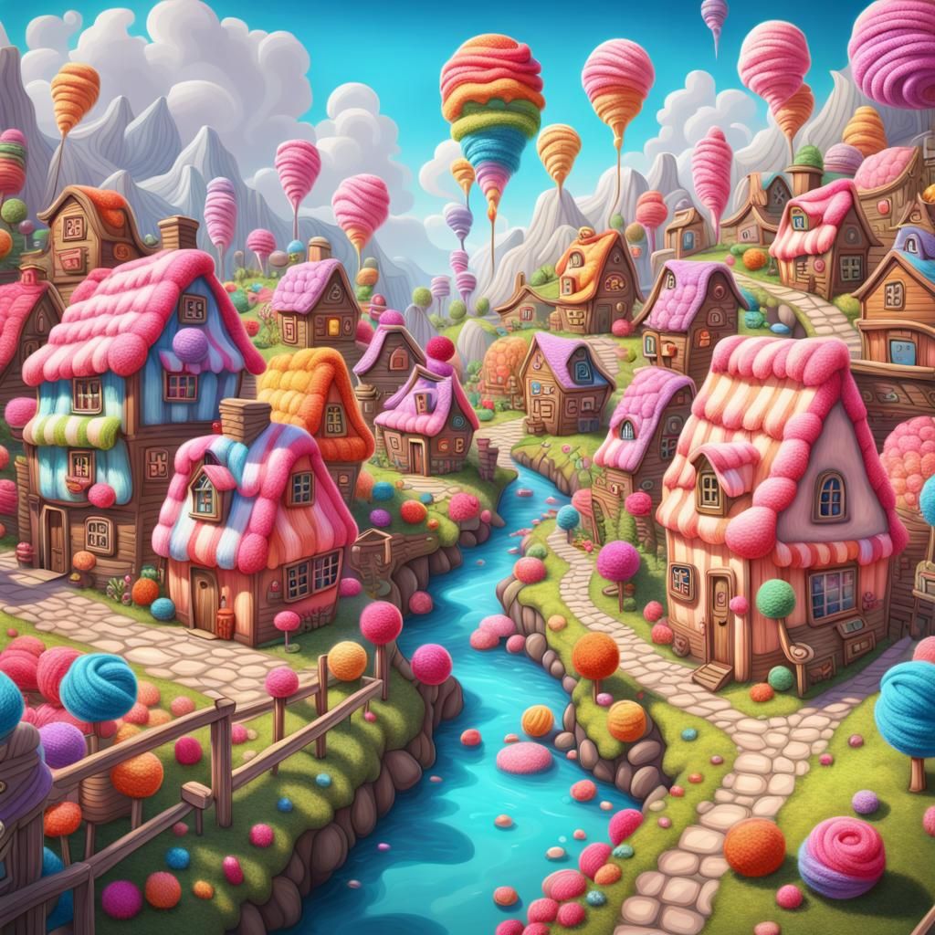 Yarn Village in Surreal Candyland: Hyperrealistic Digital Ar...