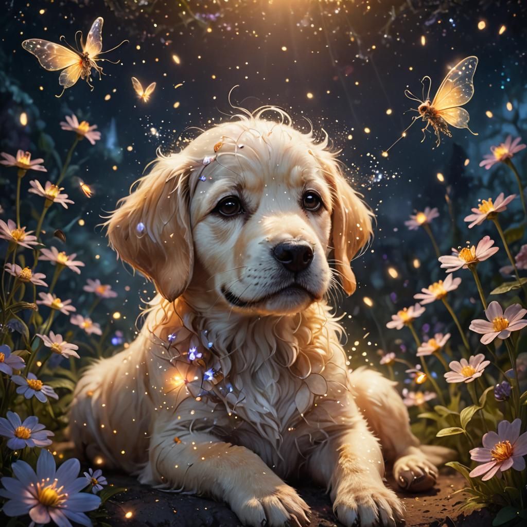 Fairy on Dog's Nose in Enchanted Garden