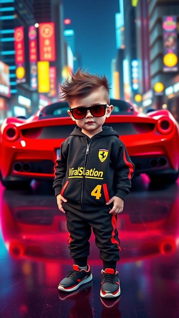 Stylized Toddler Celebrates a Cherry-Red Ferrari in a Neon-L...