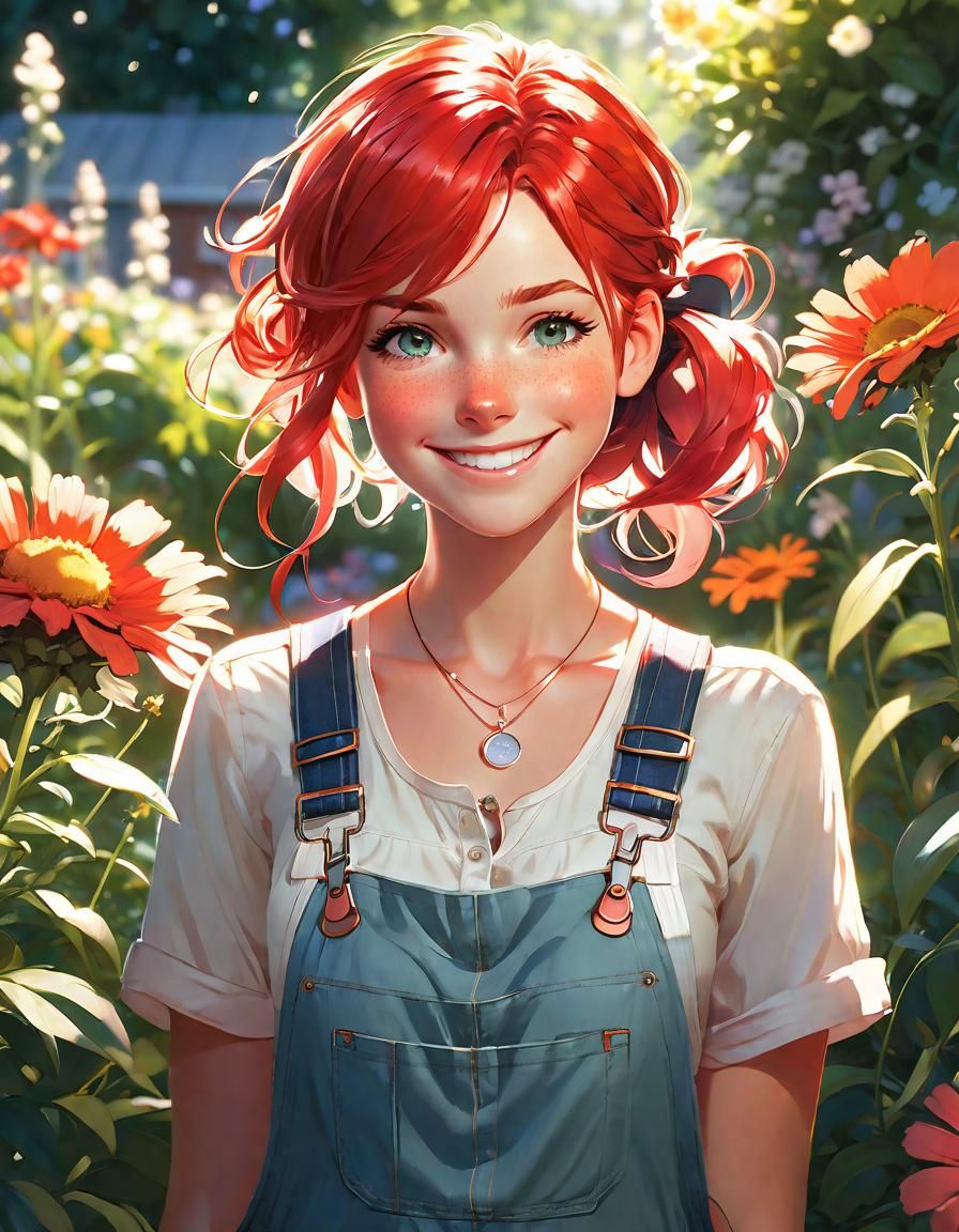 Anime Style Woman with Flowers in Garden