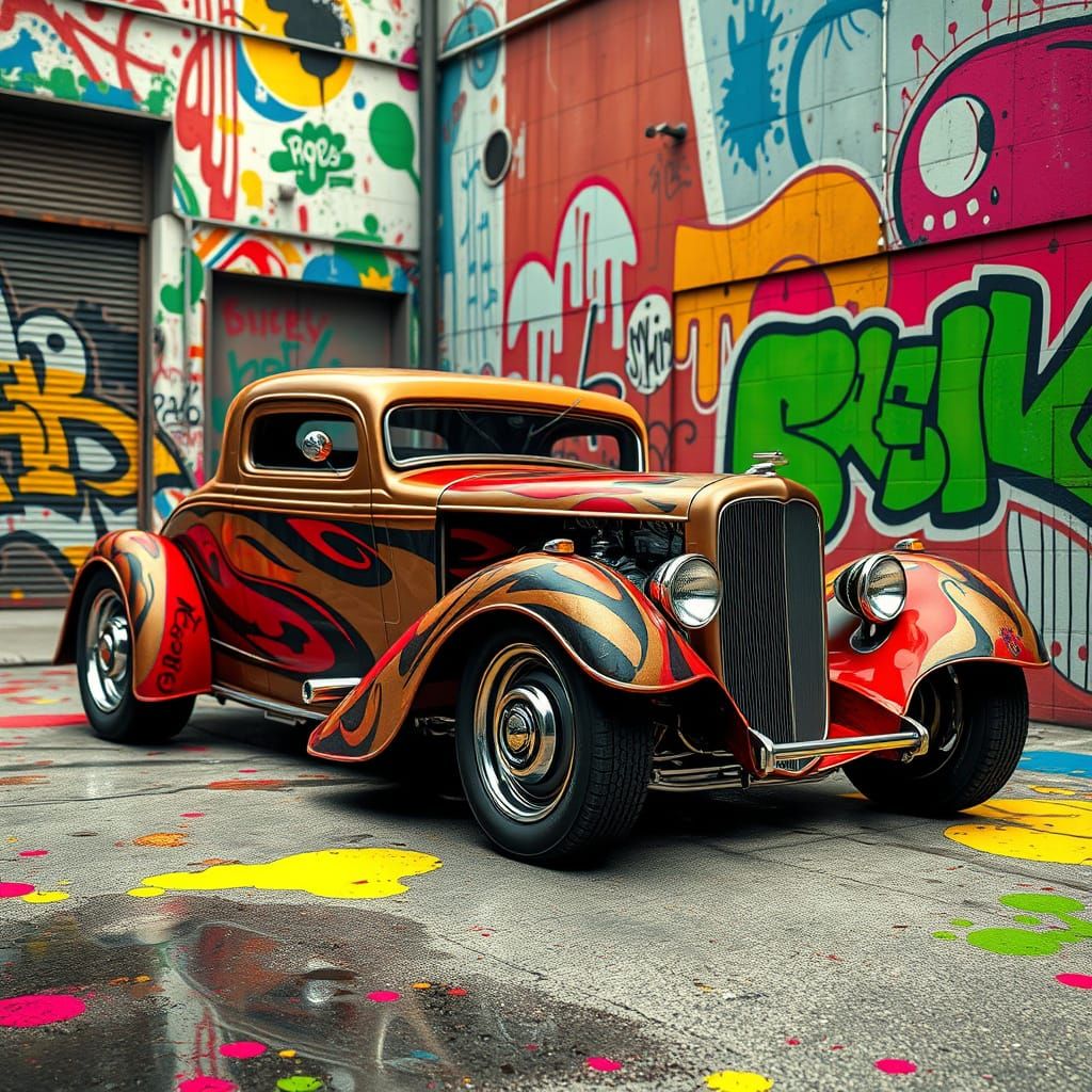 Vintage Hot Rod in Ed Roth Style with Graffiti and Street Ar...