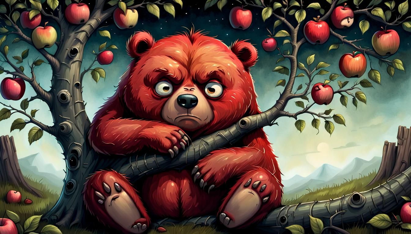 Enraged Red Bear Scowls from Apple Tree Perch