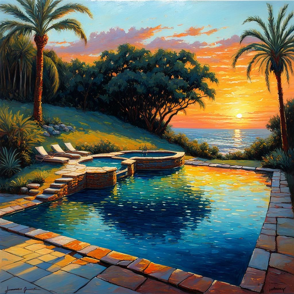 Sunset Over Magical Pool, Oil Painting