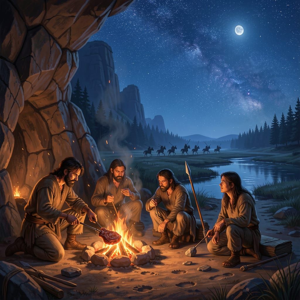 A dramatic prehistoric twilight scene in a vast open landscape, glowing firelight contrasting against a deep blue evenin...