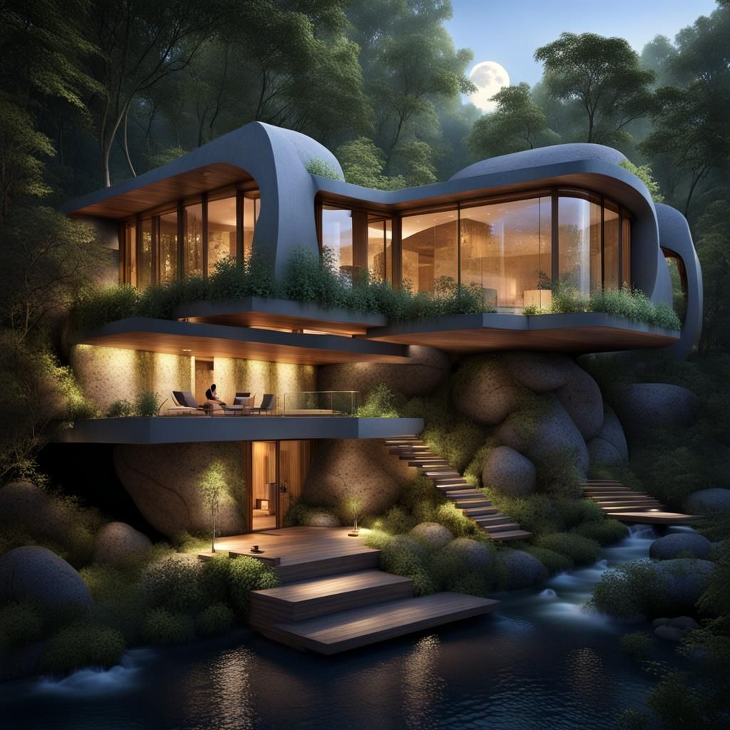 multi-level eco-friendly house nestled within an ancient forest