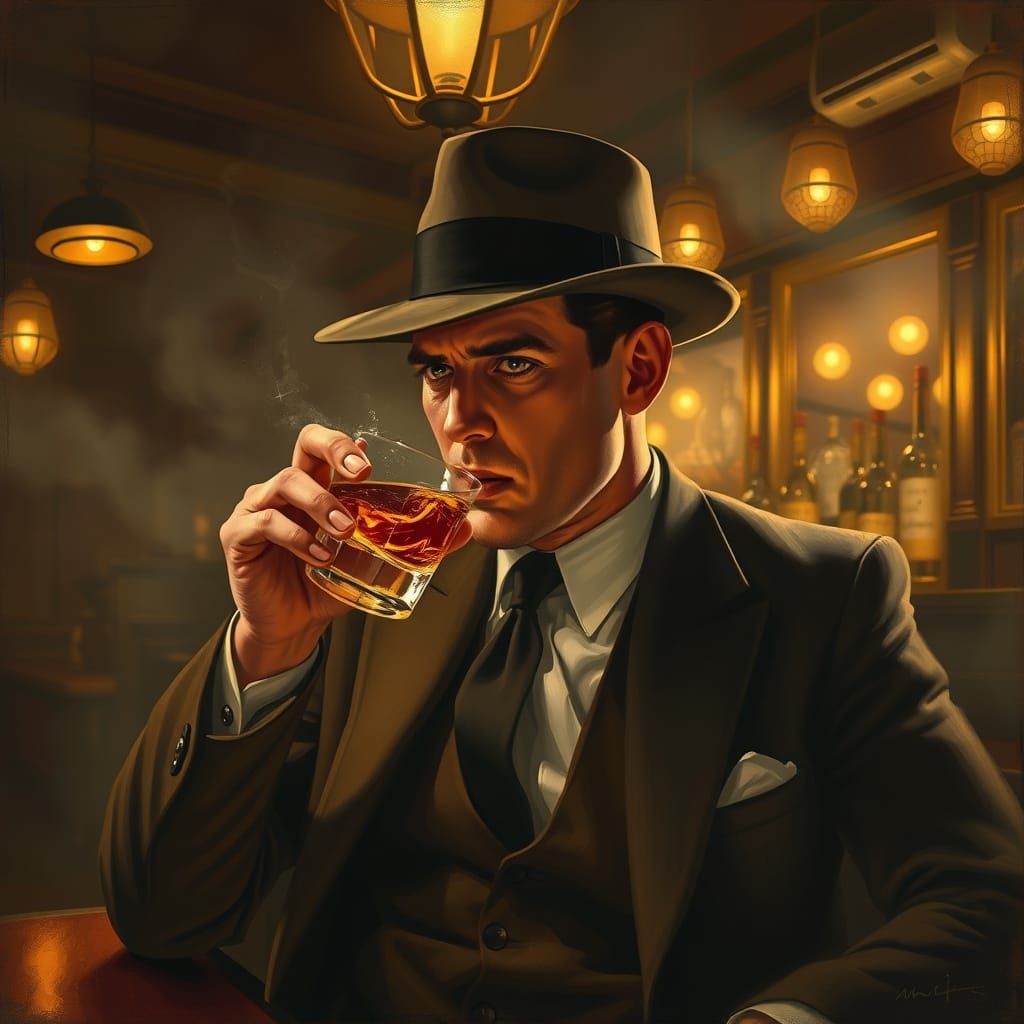 Man in Suit Sips Whiskey: Digital Art