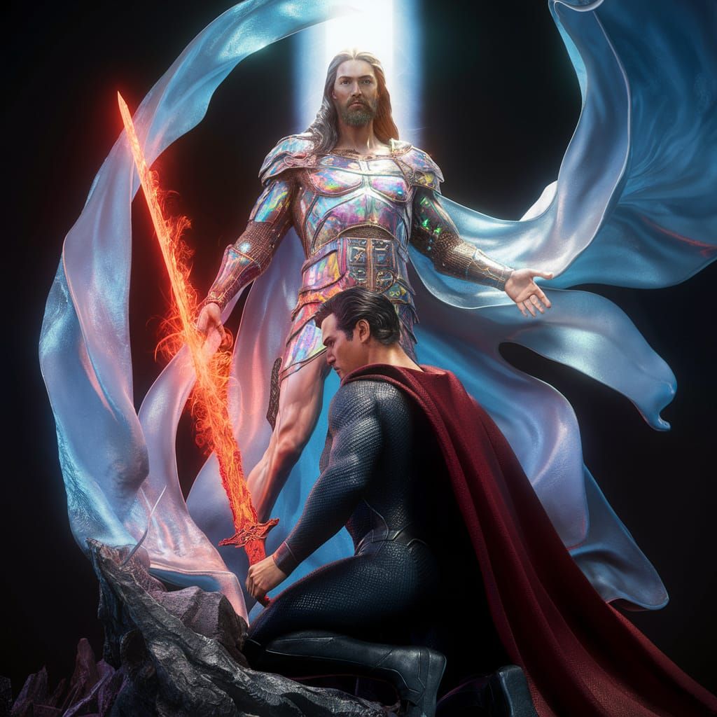 Jesus Christ as Celestial Warrior Knighting Superman