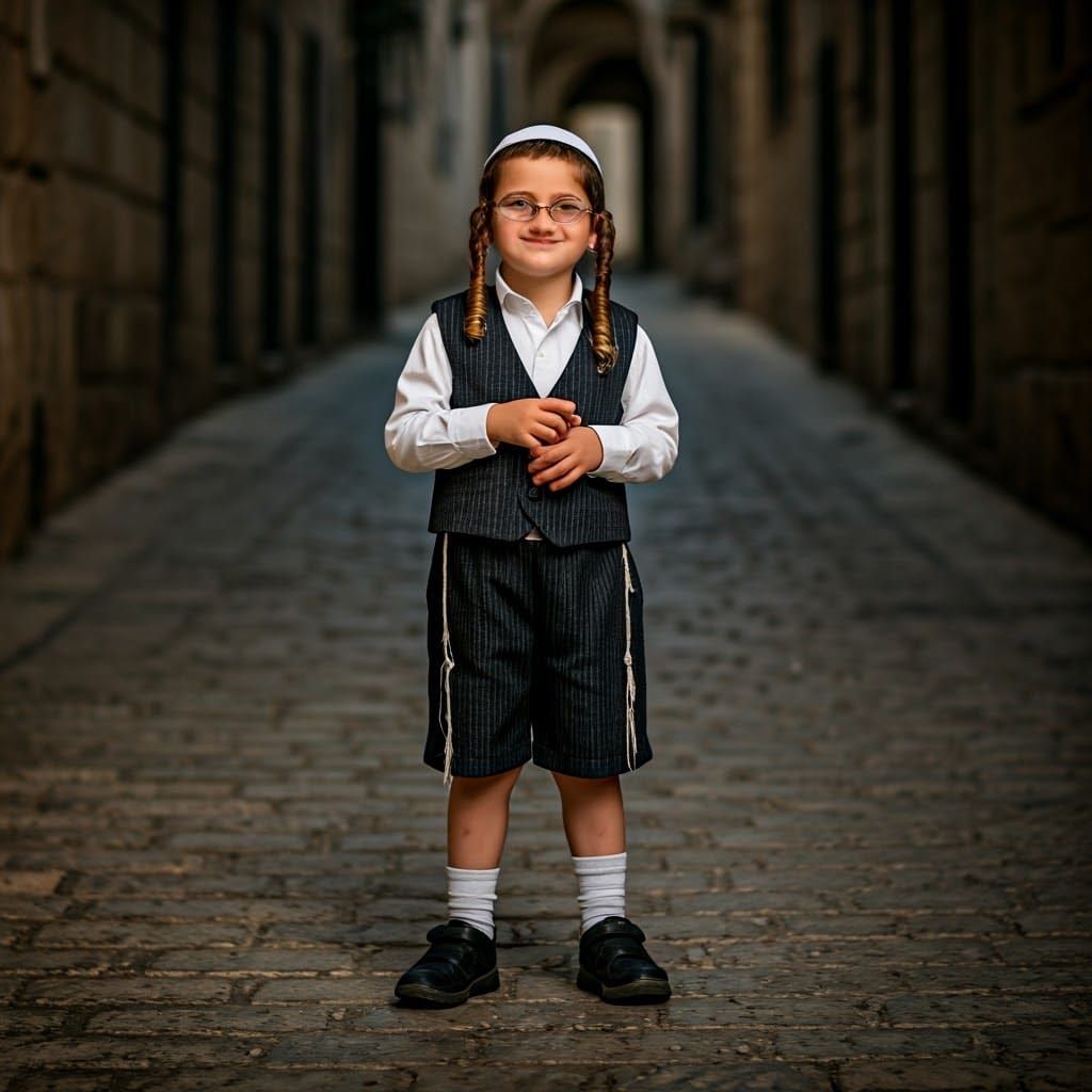 Traditional Jerusalemite Hasidic Boy in Festive Shabbat Atti...