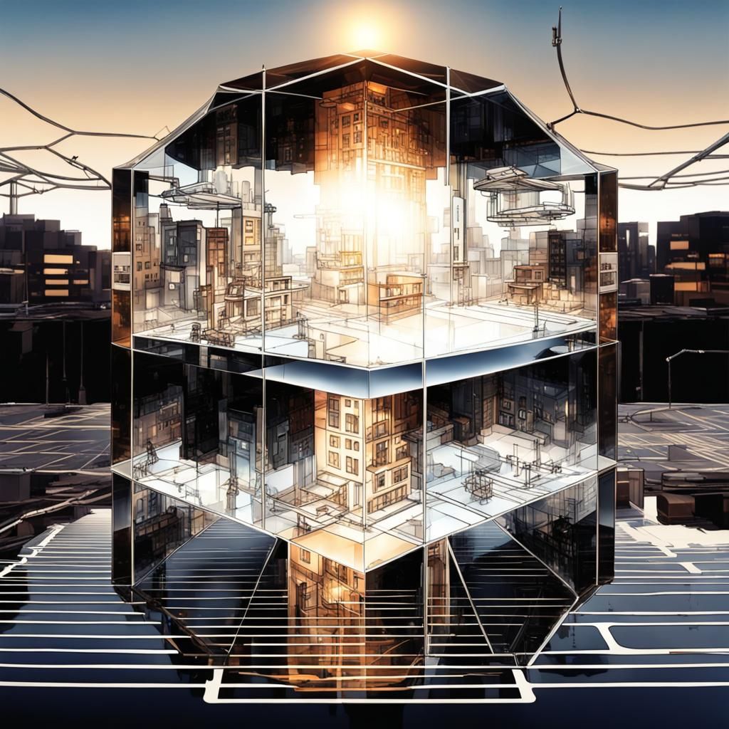 Futuristic Glass City in Cube, Steampunk Style