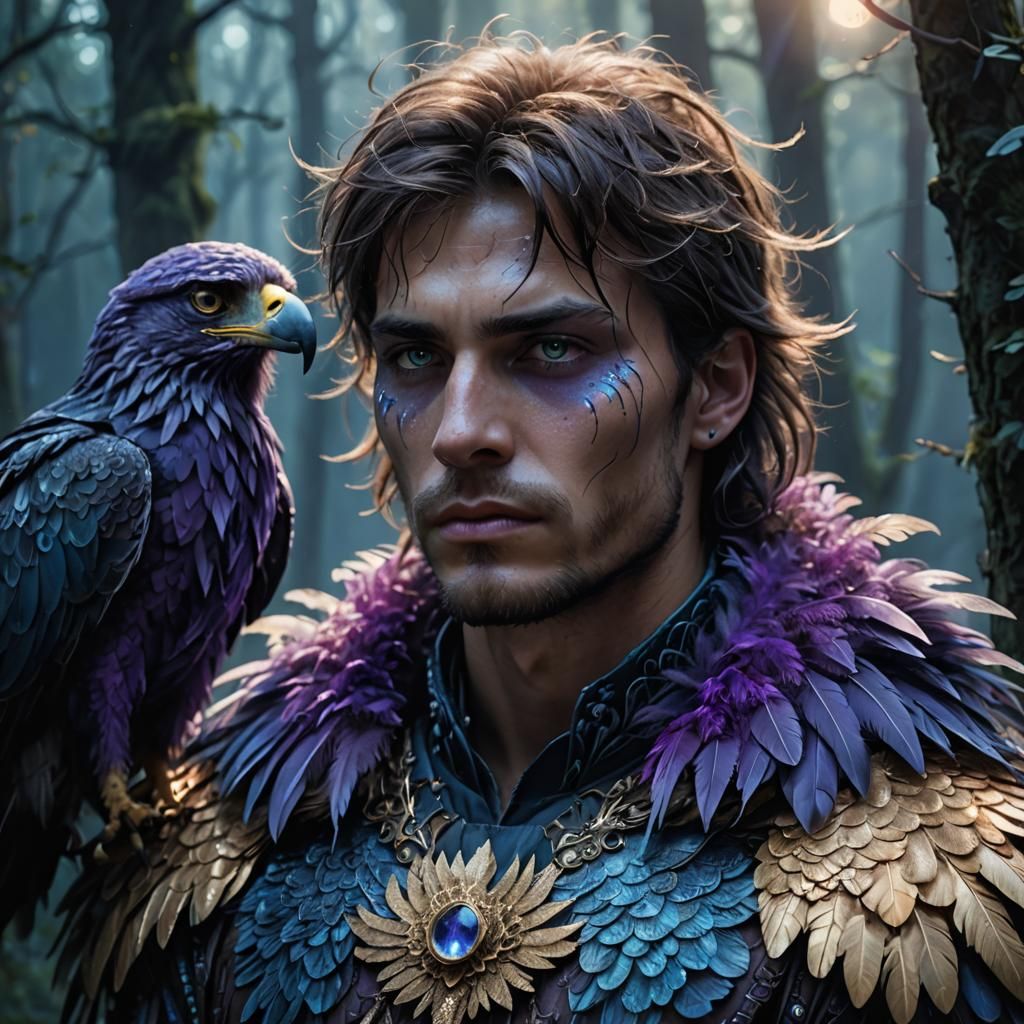 Eagle Humanoid Portrait in Misty Forest: Digital Art