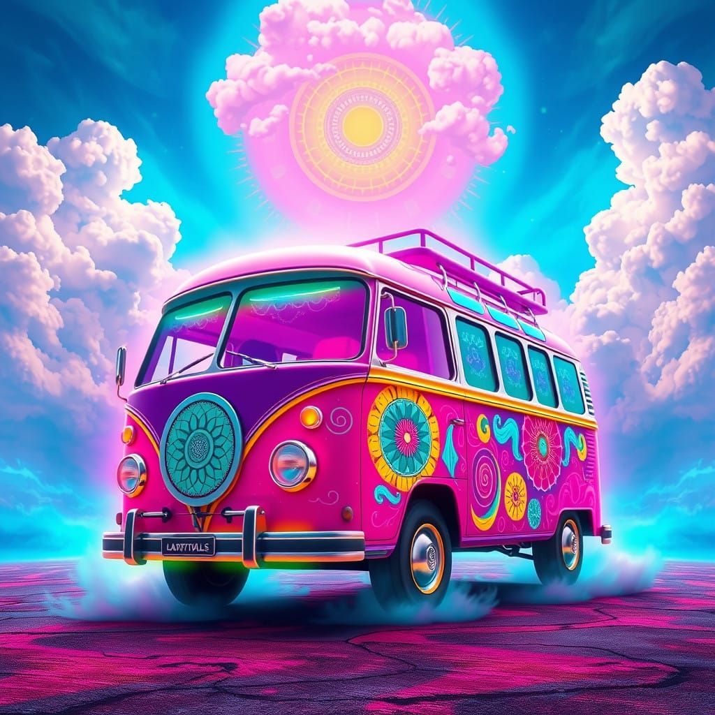 Psychedelic Hippie Bus in Vibrant Electric Blue Sky
