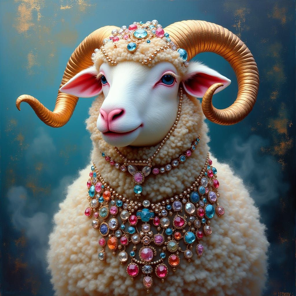 Majestic Sheep Adorned with Iridescent Jewels in a Whimsical...