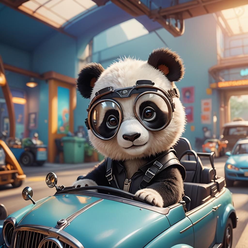 Baby Panda Pilot Driving a Car in 3D