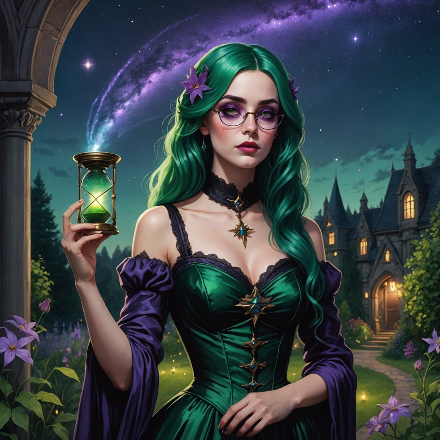Green-Haired Woman Watching Shooting Star at Night