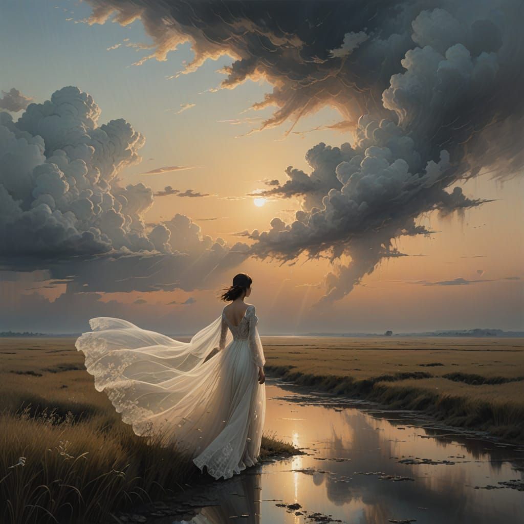 Ethereal Woman in Diaphanous Gown Dissolves into Sunset Haze