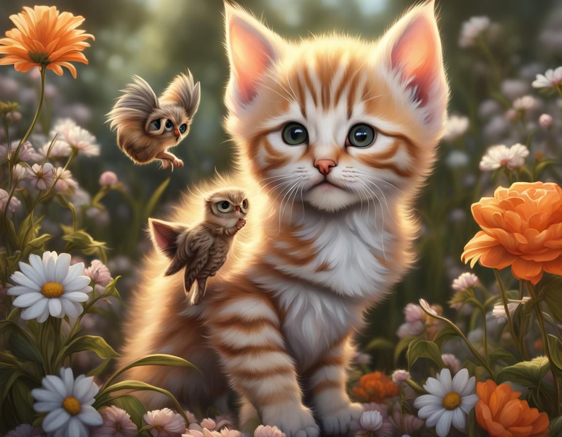 Kitten and Owl Kiss in 1850s Flower Garden