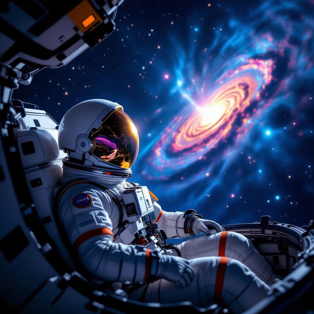 Astronaut Adrift Near Nebula, Tethered to Damaged Pod