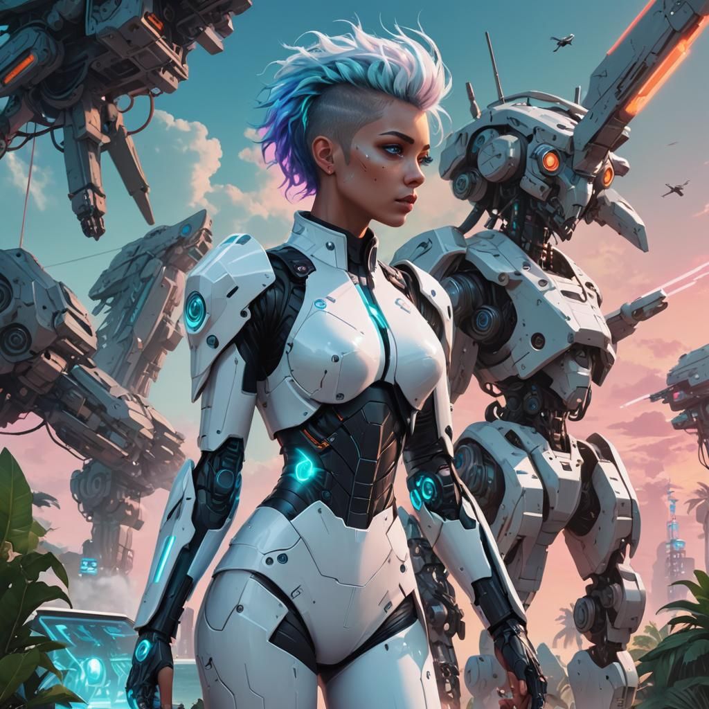 Cyberpunk Hacker in Mecha Battle on Tropical Island