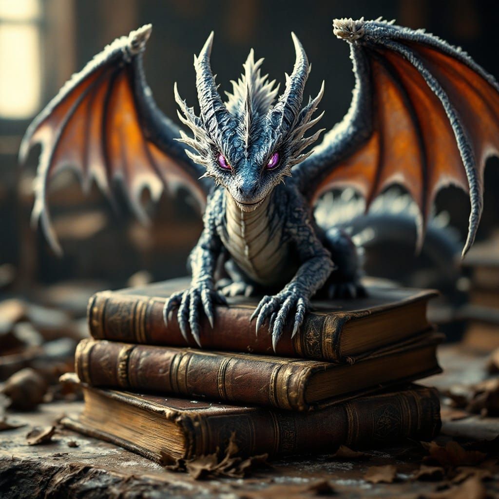 Frost Dragon with Purple Eyes on Books, Cinematic Film Still