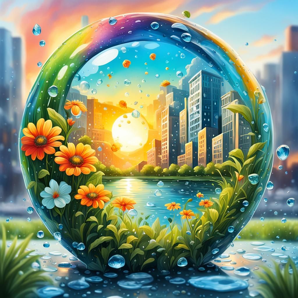 Summer Landscape Inside Raindrop in Graffiti Art Style