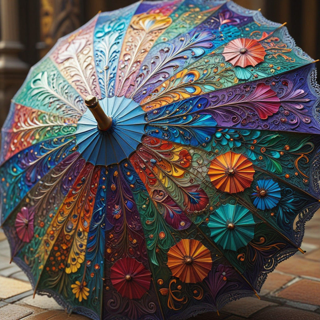 Vibrant Mosaic Art of Colorful Umbrellas in Golden Hour