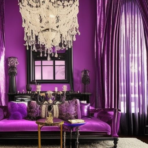Gothic black living room with shimmery purple highlights& shimmery purple gothic high ceiling& shimmery purple gothic ch...