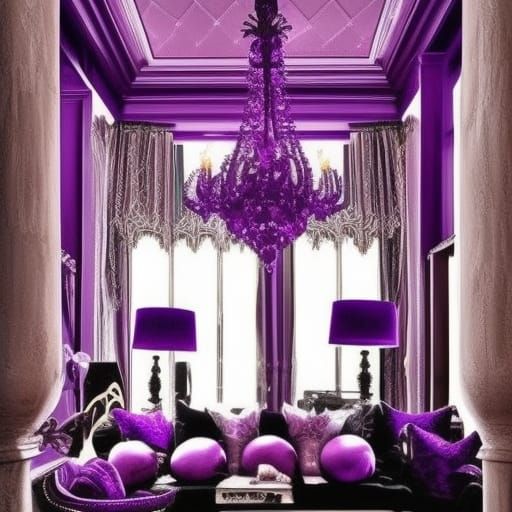 Gothic black living room with shimmery purple highlights& shimmery purple gothic high ceiling& shimmery purple gothic ch...