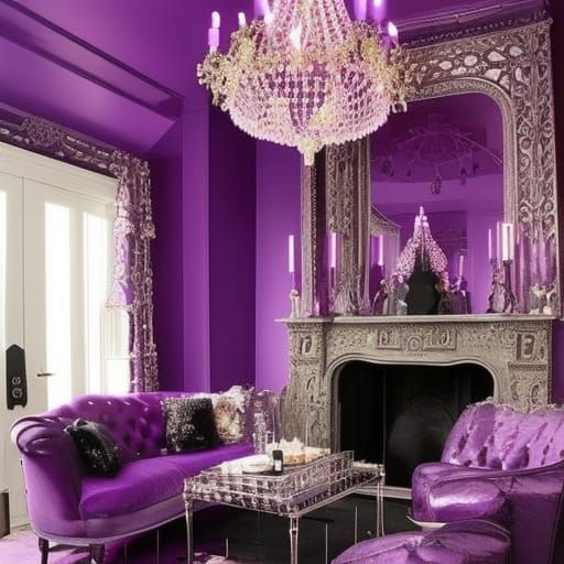 Gothic black living room with shimmery purple highlights& shimmery purple gothic high ceiling& shimmery purple gothic ch...