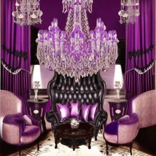 Gothic black living room with shimmery purple highlights& shimmery purple gothic high ceiling& shimmery purple gothic ch...