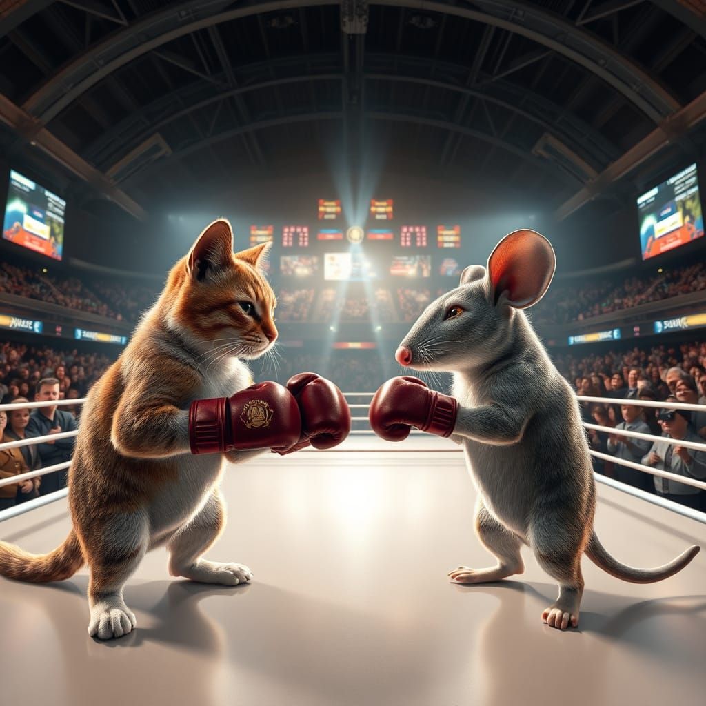 Cat and Mouse Boxing Match in Gleaming Ring