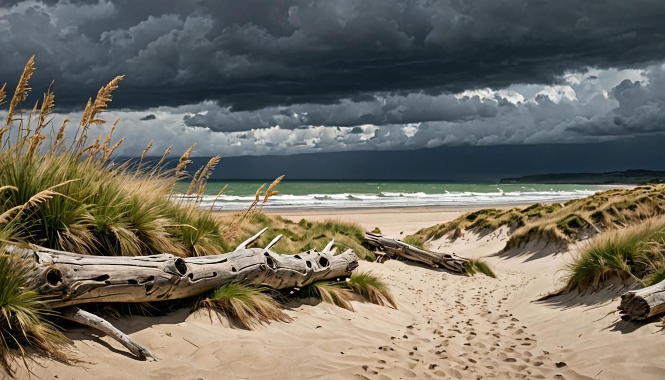 Wild New Zealand Beach with Dunes and Stormy Waves