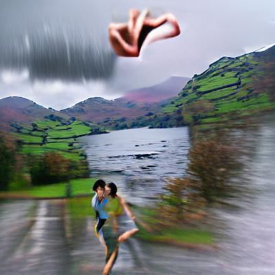 Lovers' Escape in Rainy Lake District Scene