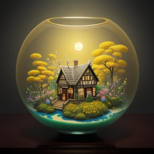 Golden Ring House in Moonlit Garden, Digital Illustration
