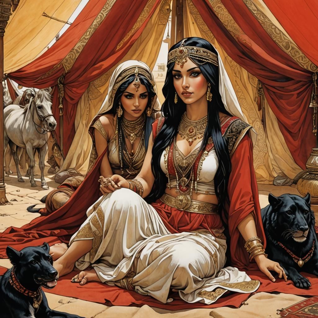 Two Arabian Princesses in Tent, Milo Manara Style