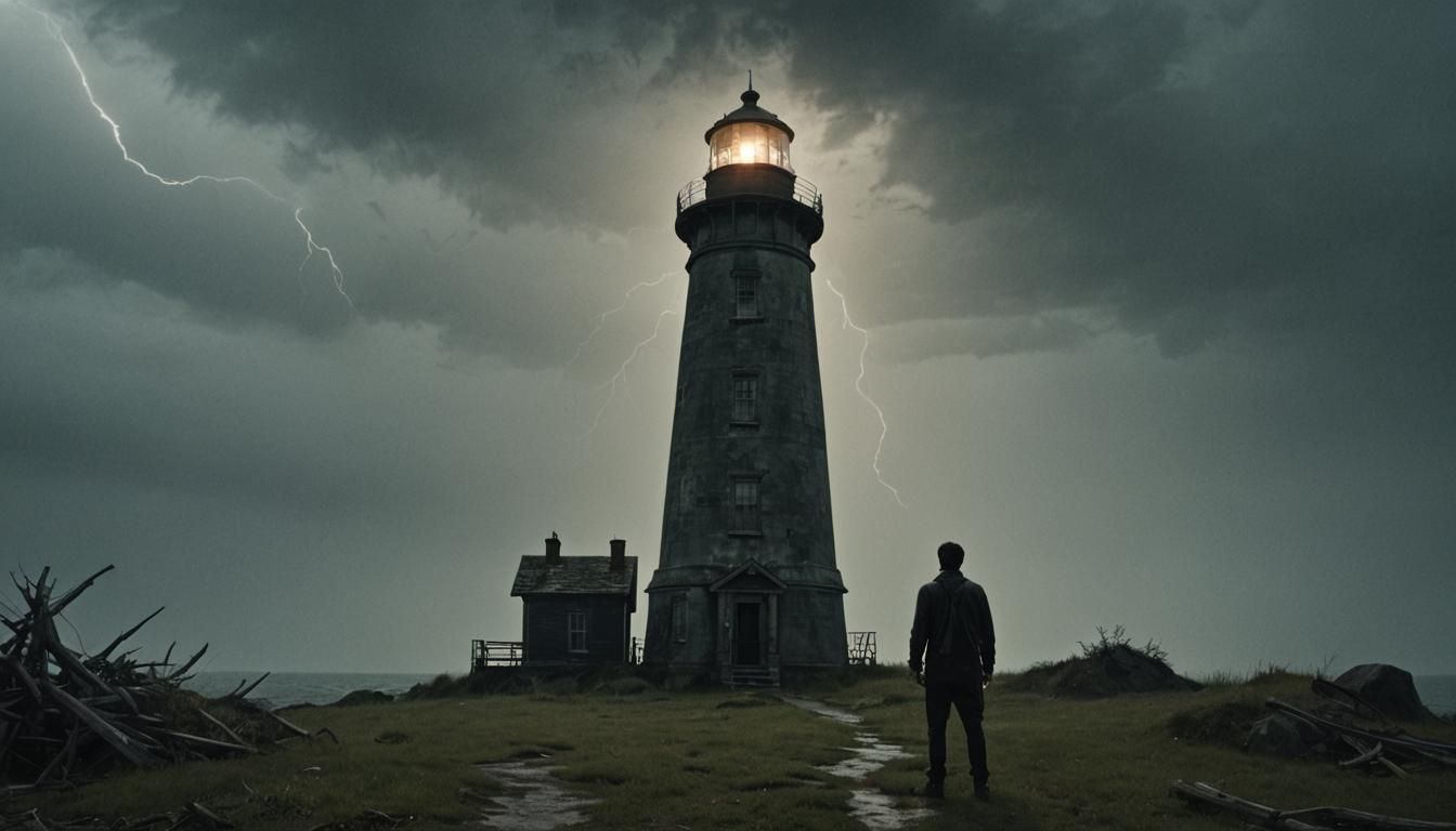 Ominous Lighthouse with Ghostly Figure in Gothic Style