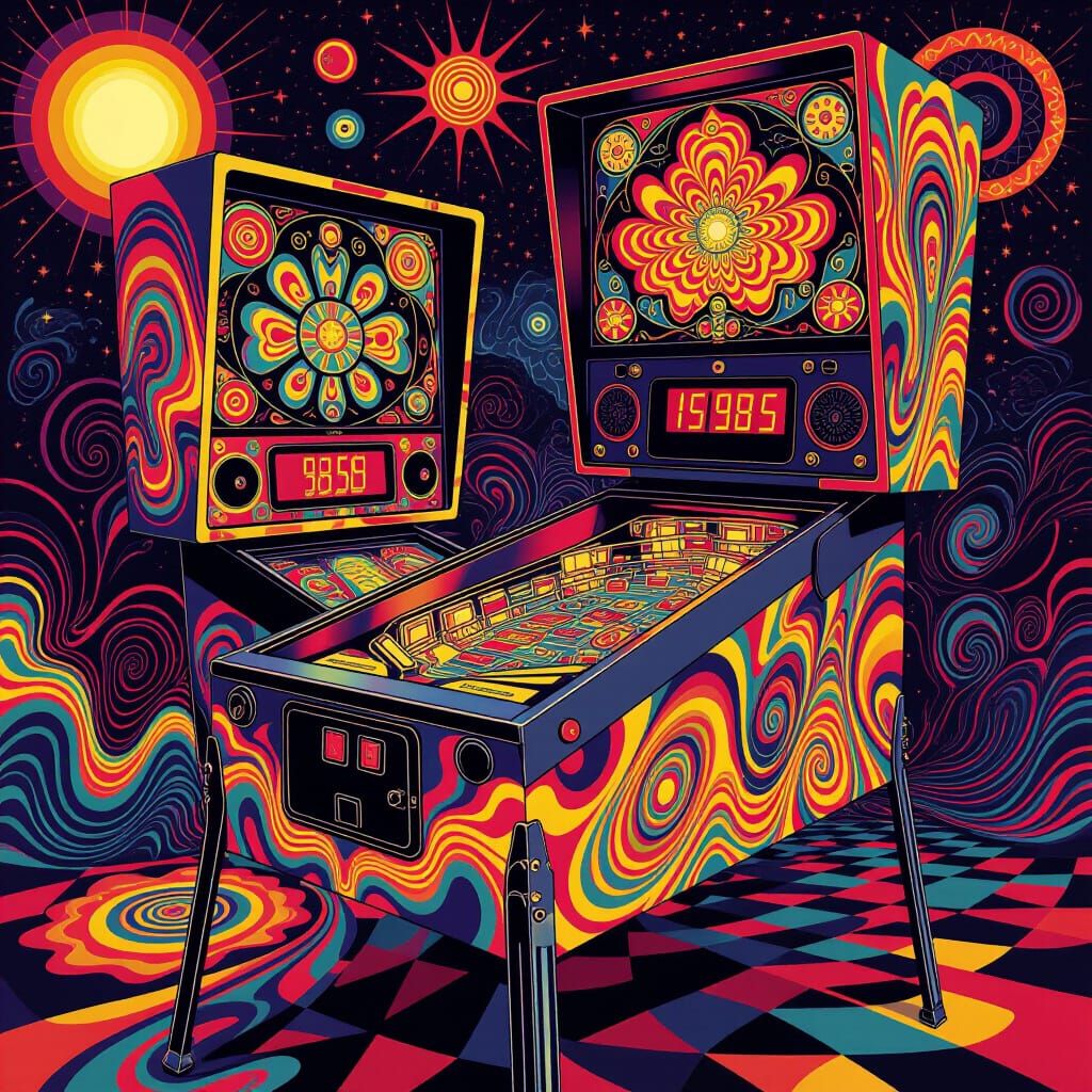 Psychedelic Pinball Machine with Neon Lights
