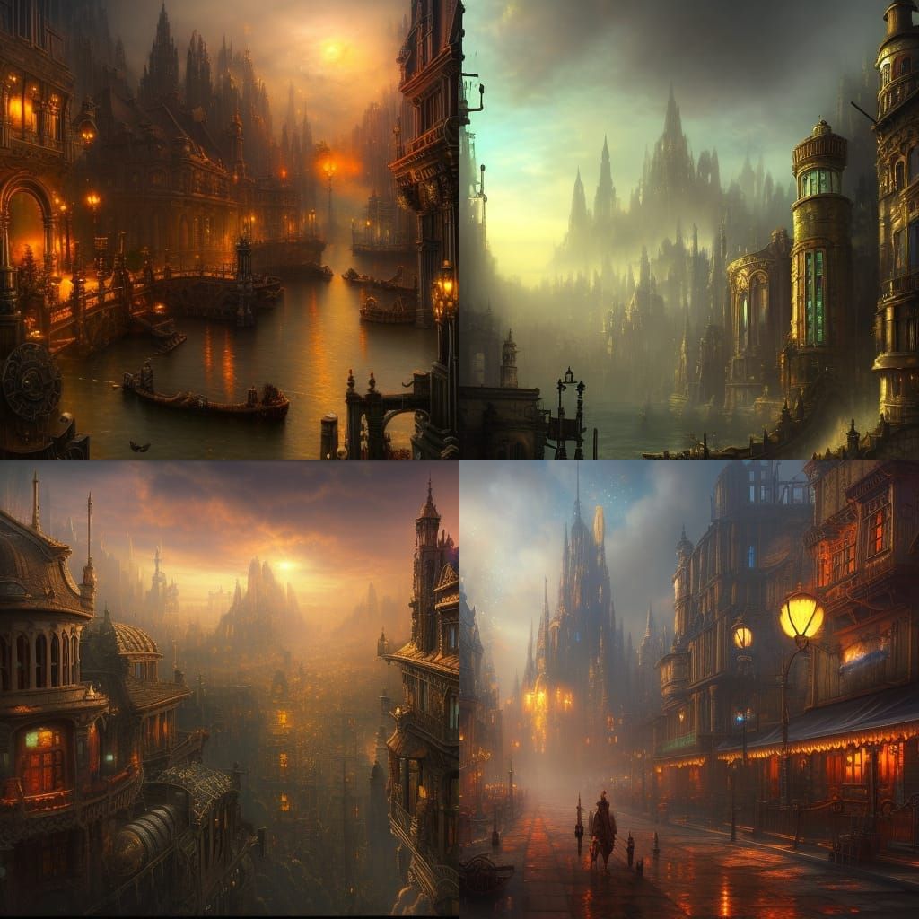 Steampunk City Sunset: Detailed Matte Painting