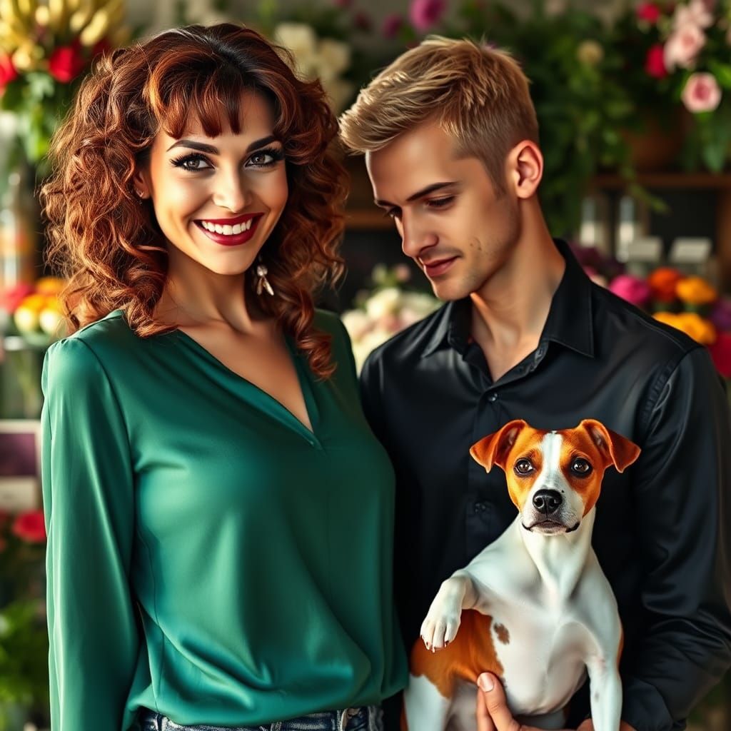 Elegant Woman Smiles in Flower Shop: Photorealistic Portrait