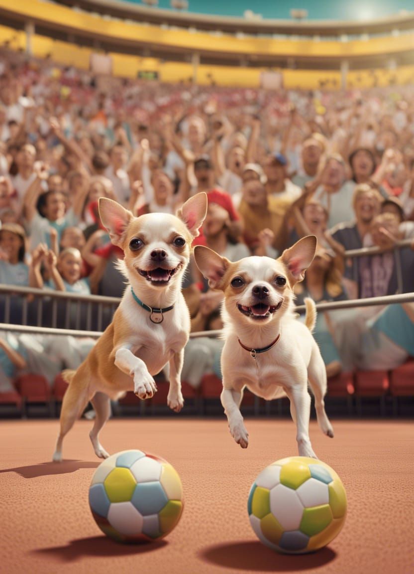 Chihuahuas Play Soccer in Stadium, Hyperrealistic Photo