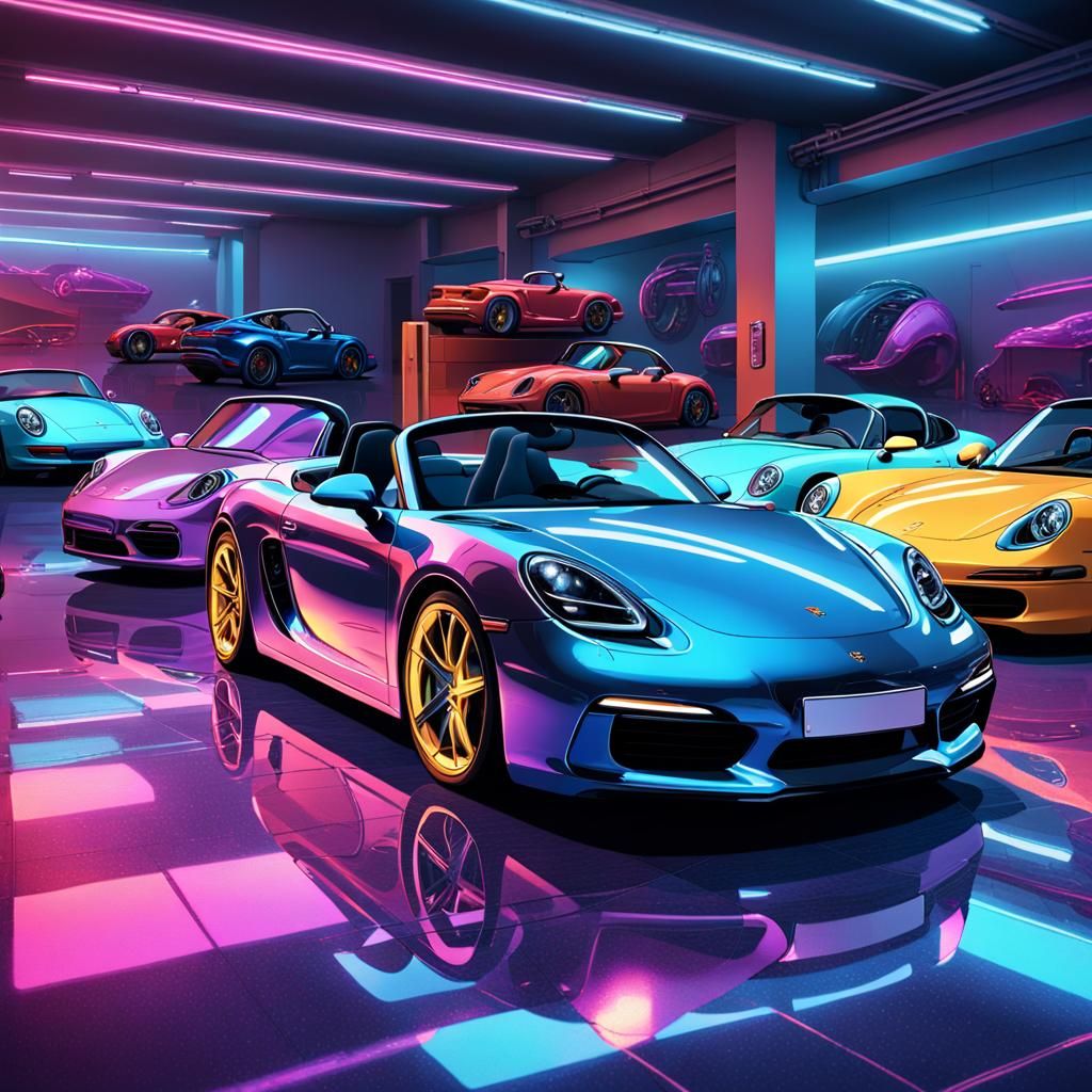 Porsche Boxster Showcased Amid Exotic Cars in Futuristic Gar...