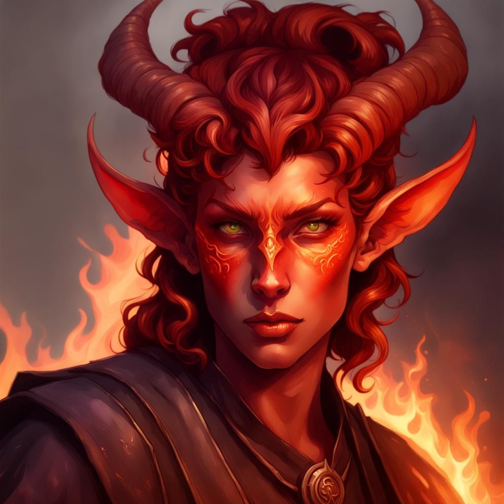 Detailed Watercolor Portrait of a Red Tiefling