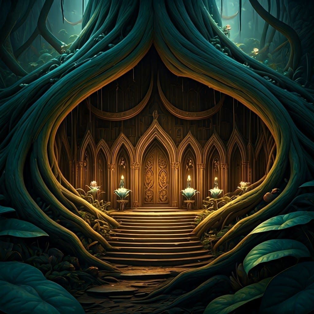 Whimsical Ant Library within a Glowing Tree